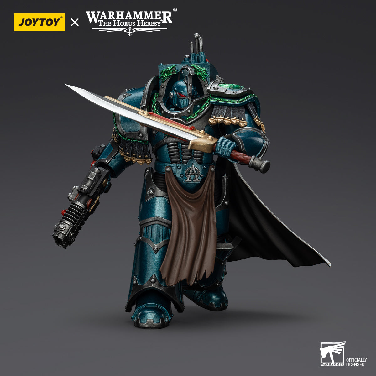 Alpha Legion Praetor in dynamic combat pose, sword in left hand and bolt pistol raised in right, ready for battle.