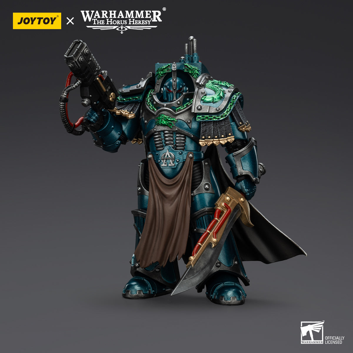 Alpha Legion Praetor in Cataphractii Terminator Armour, front view. Holding a power sword in the left hand and a bolt pistol in the right.