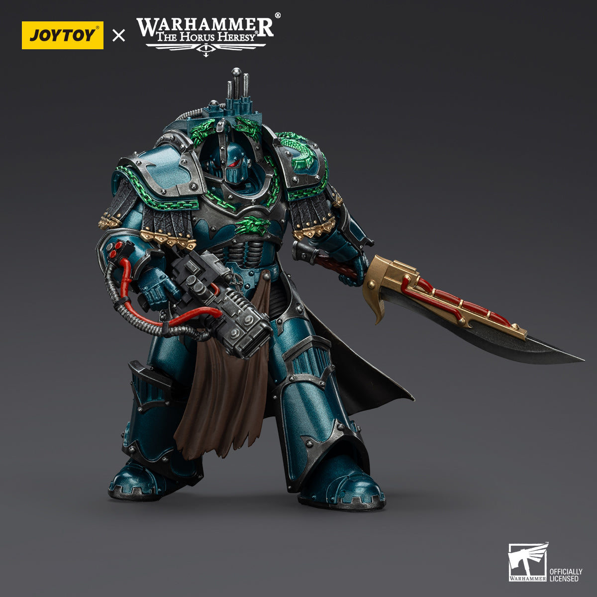 Side view of Alpha Legion Praetor in Cataphractii Armour, wielding a sword and pistol. Armor details and Legion iconography visible.