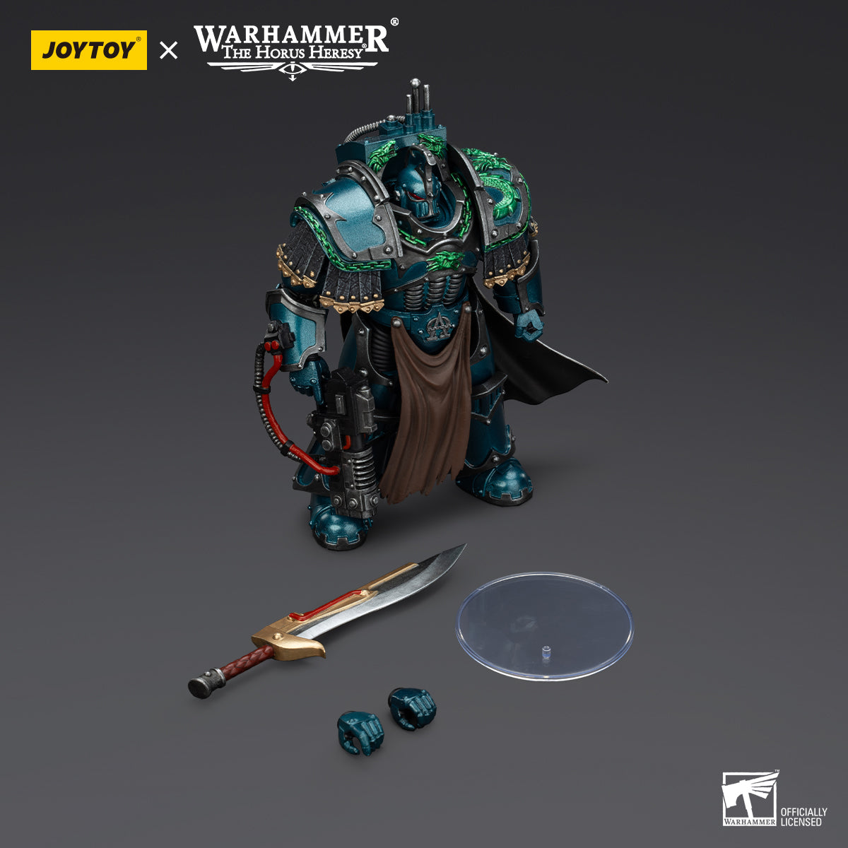 Package contents for Alpha Legion Praetor in Cataphractii Terminator Armour. Includes figure, sword, pistol, interchangeable hands, and accessories.