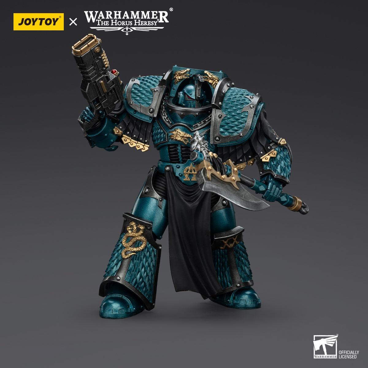 Alpha Legion Lernaean Terminator with Volkite Charger, front view. Displaying intricate armor detailing and Legion insignia.