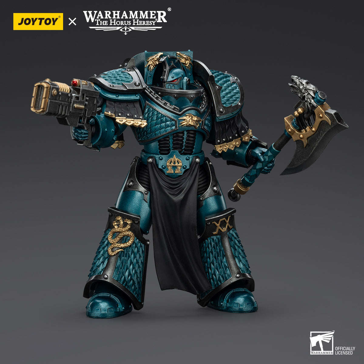 Side view of Alpha Legion Lernaean Terminator holding Volkite Charger, showing weapon details and armored profile.