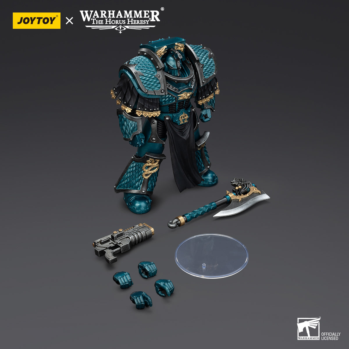 Package contents for Alpha Legion Lernaean Terminator with Volkite Charger. Includes figure, Volkite weapon, alternate hands, and gear accessories.