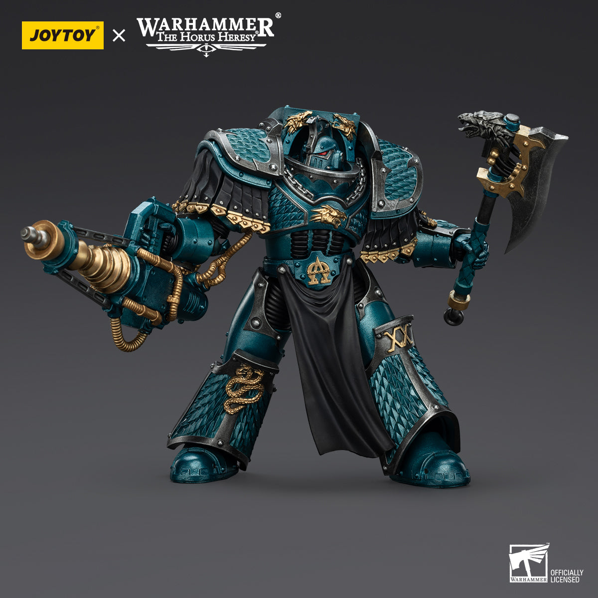 Alpha Legion Lernaean Terminator with Conversion Beam Cannon and Axe, front view. Detailed power armor and Legion markings visible.